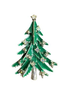 Vintage Green Enamel Christmas Tree Brooch with Aurora Rhinestones